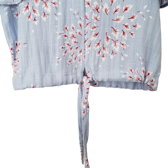RW&CO Pale Blue Floral Top V-neck Flute Sleeve Relaxed Fit Tie Hem - Picture 4 of 8